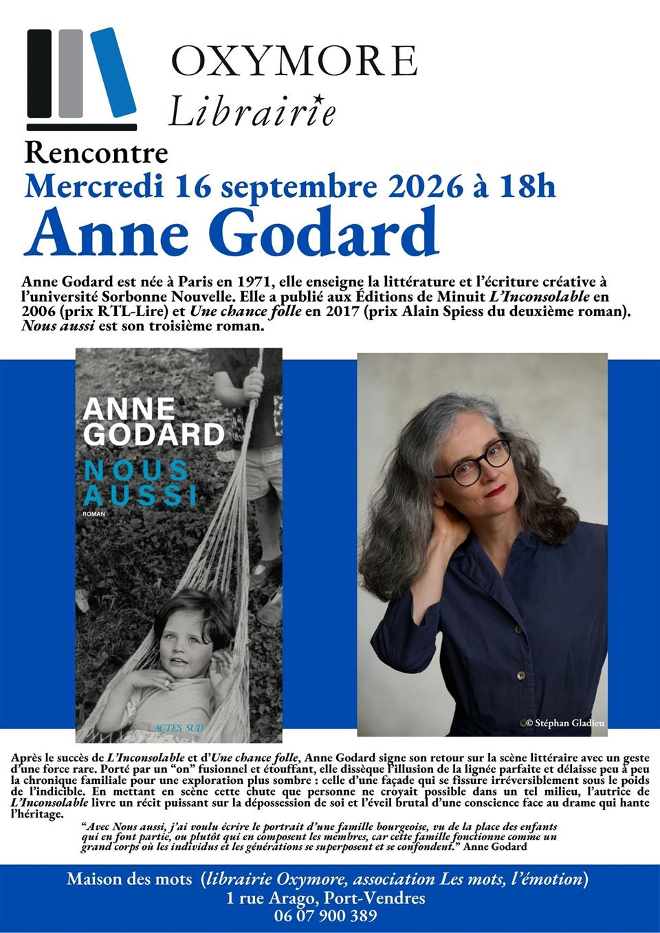 Rencontre littéraire avec anne godard - maison des mots - librairie oxymore