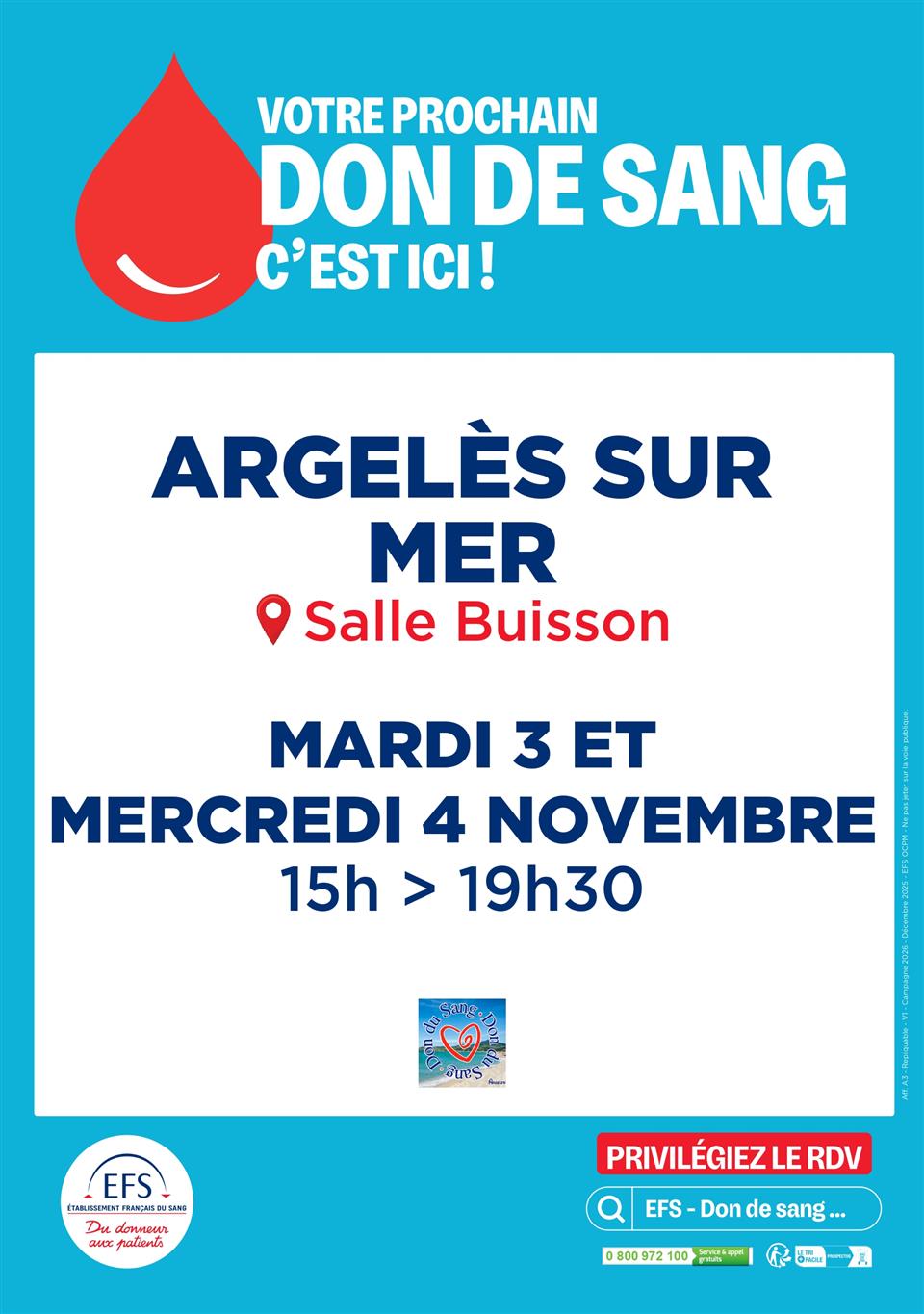 Don du sang - mardi 03 et mercredi 04 novembre de 15h à 19h30 salle buisson