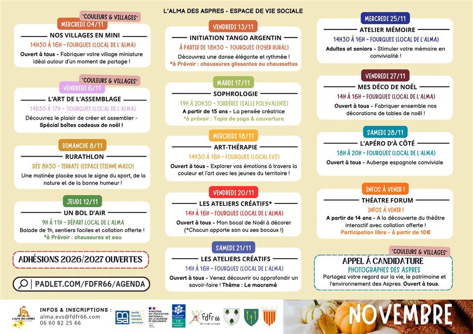 Espace vie sociale des aspres - programme novembre