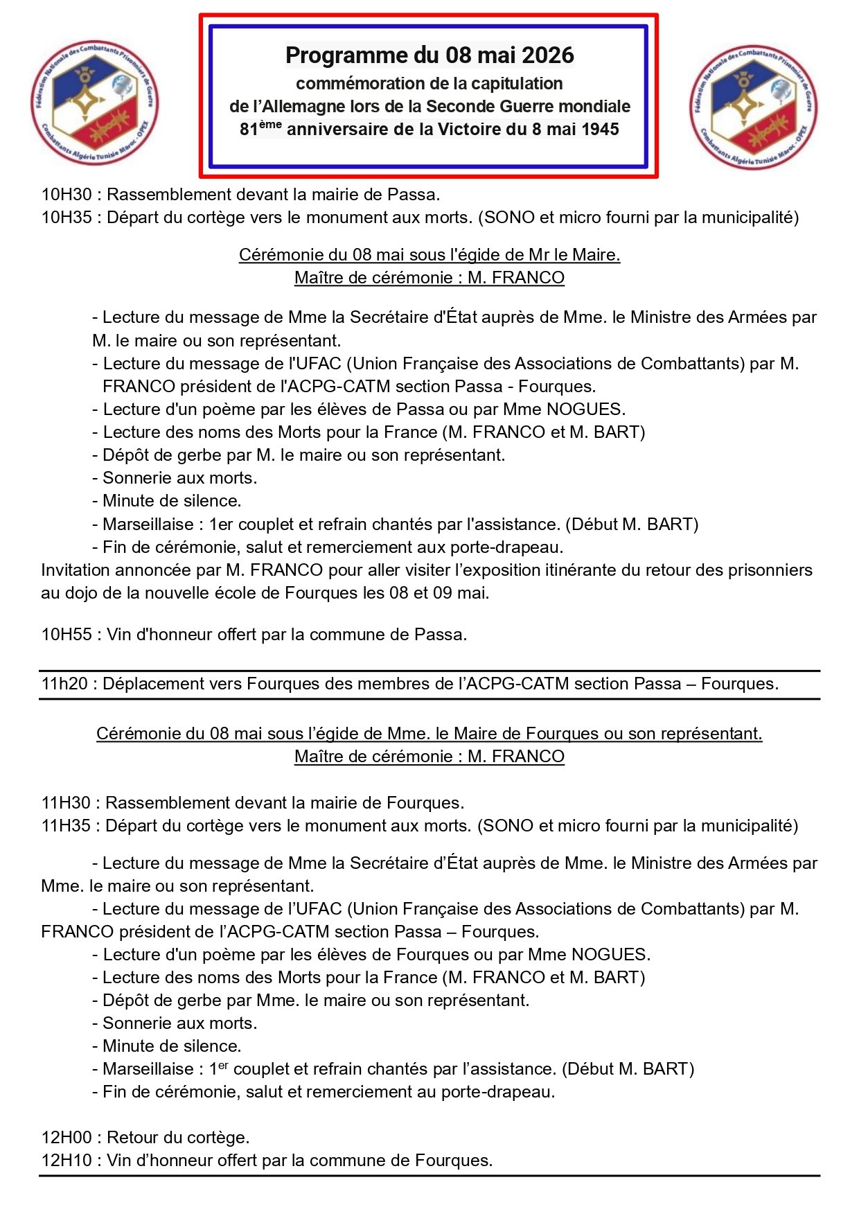 COMMÉMORATION DU 81E ANNIVERSAIRE DE LA VICTOIRE DU 8 MAI 1945