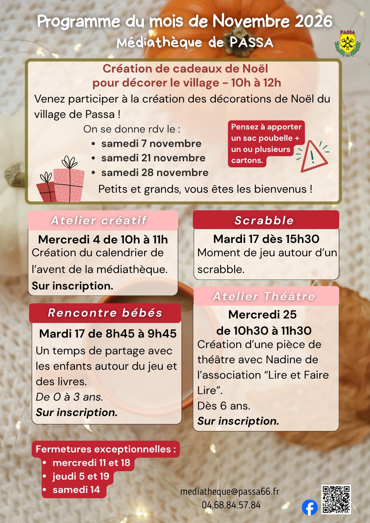 MÉDIATHÈQUE PASSA PROGRAMME DU MOIS DE NOVEMBRE