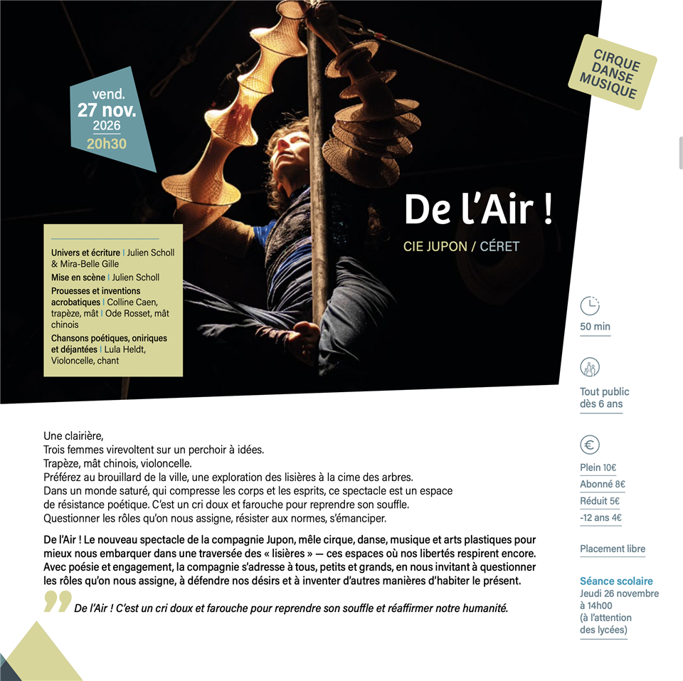 Pièce de cirque « de l’air » compagnie jupon - saison culturelle 2026/2027
