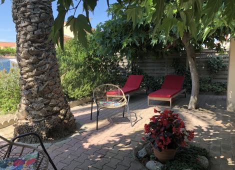 Terrasse, jardin, palmier, bains de soleil