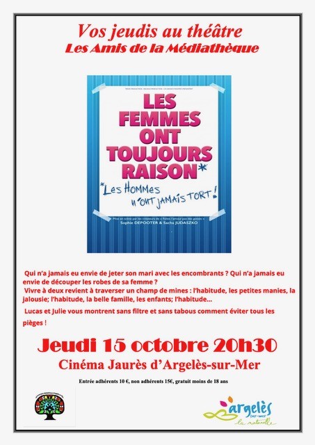 Les amis de la médiathèque - vos jeudis au théâtre - les femmes ont toujours raison* les hommes n’ont jamais tort!
