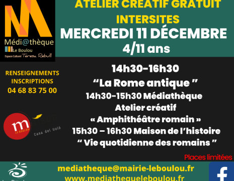 ATELIER CRÉATIF 4 /11 ANS "LA ROME ANTIQUE " Du 11/12/2024 au 29/1/2025