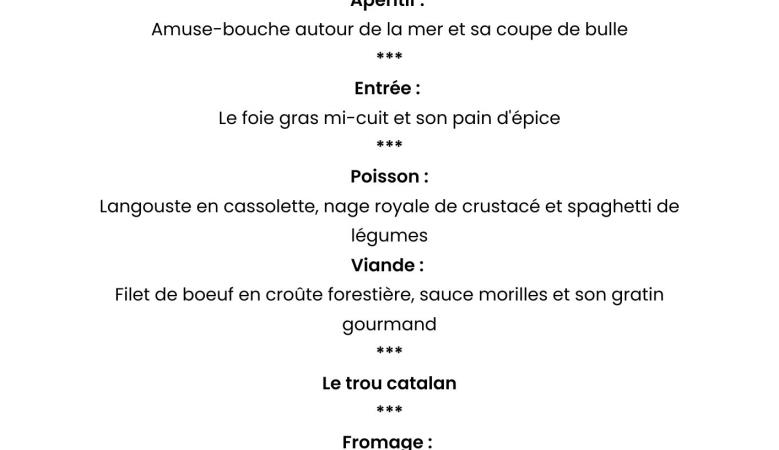 Menu du réveillon de noël Casino JOA Le Boulou - Mercredi 24 décembre au soir Menu sur mesure à 49€/personne hors boissons : (Avec 5€ de ticket de jeu offert) Apéritif : Amuse-Bouche et sa coupe de bulle Entrée : Crémeux de foie gras et Saint-Jacques en -