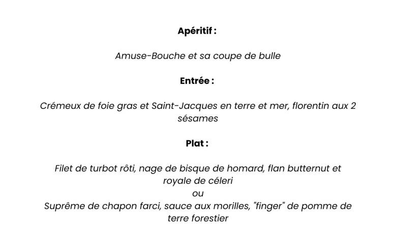 Menu du réveillon de noël Casino JOA Le Boulou - Mercredi 24 décembre au soir Menu sur mesure à 49€/personne hors boissons : (Avec 5€ de ticket de jeu offert) Apéritif : Amuse-Bouche et sa coupe de bulle Entrée : Crémeux de foie gras et Saint-Jacques en -