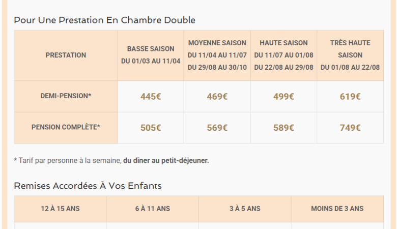 Village vacances - CHAMBRE DOUBLE - tarifs 2026