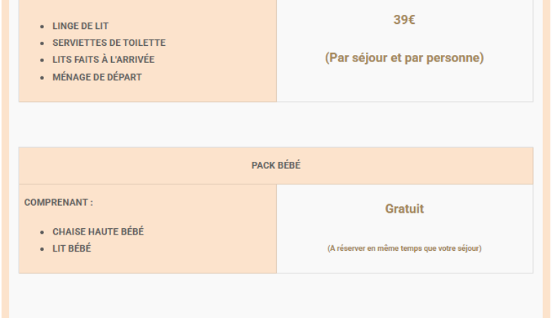 Village vacances - OPTIONS - tarifs 2026