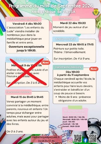 MÉDIATHÈQUE PASSA PROGRAMME DU MOIS DE SEPTEMBRE