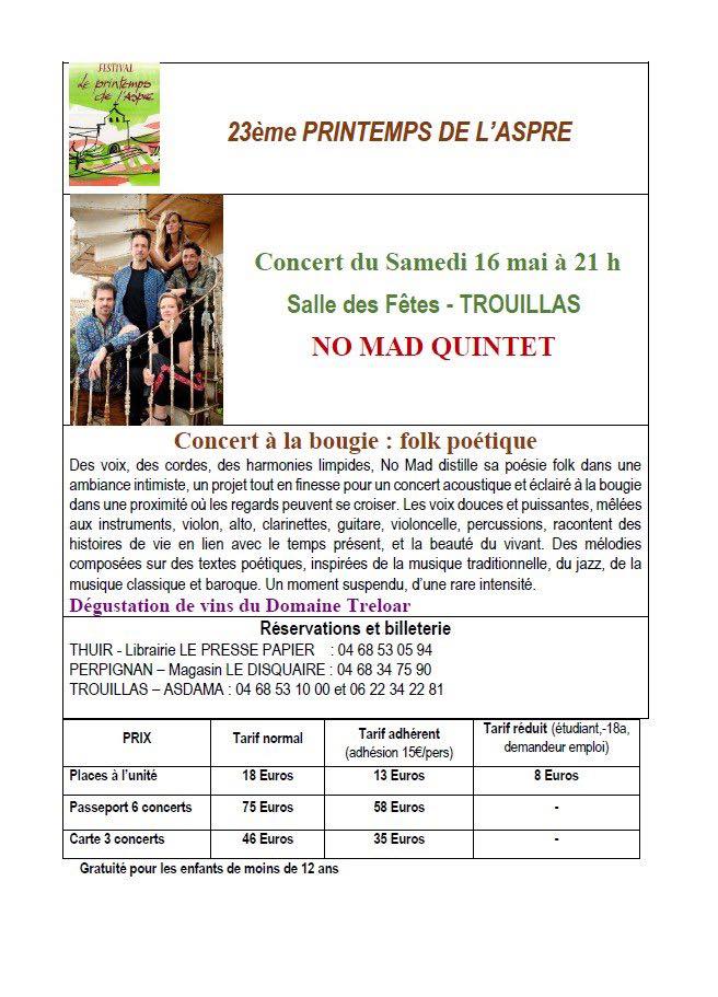 23ÈME FESTIVAL LE PRINTEMPS DE L&rsquo;ASPRE :  » NO MAD QUINTET « 